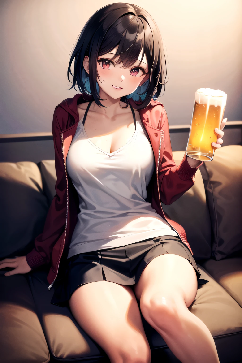 ((masutepiece)),((High quality)),((High resolution)),((Highly accurate and detailed representation of the human body)), Around 24 years old, medium length blue hair and red eyes, The girl wears a bright red zip-up hoodie open over a white camisole on her upper body.。. she has a dazzling smile, Blushing cheeks, And I'm sitting on the couch with one leg crossed over the other.. She is wearing a gray miniskirt and holding a beer glass in one hand..