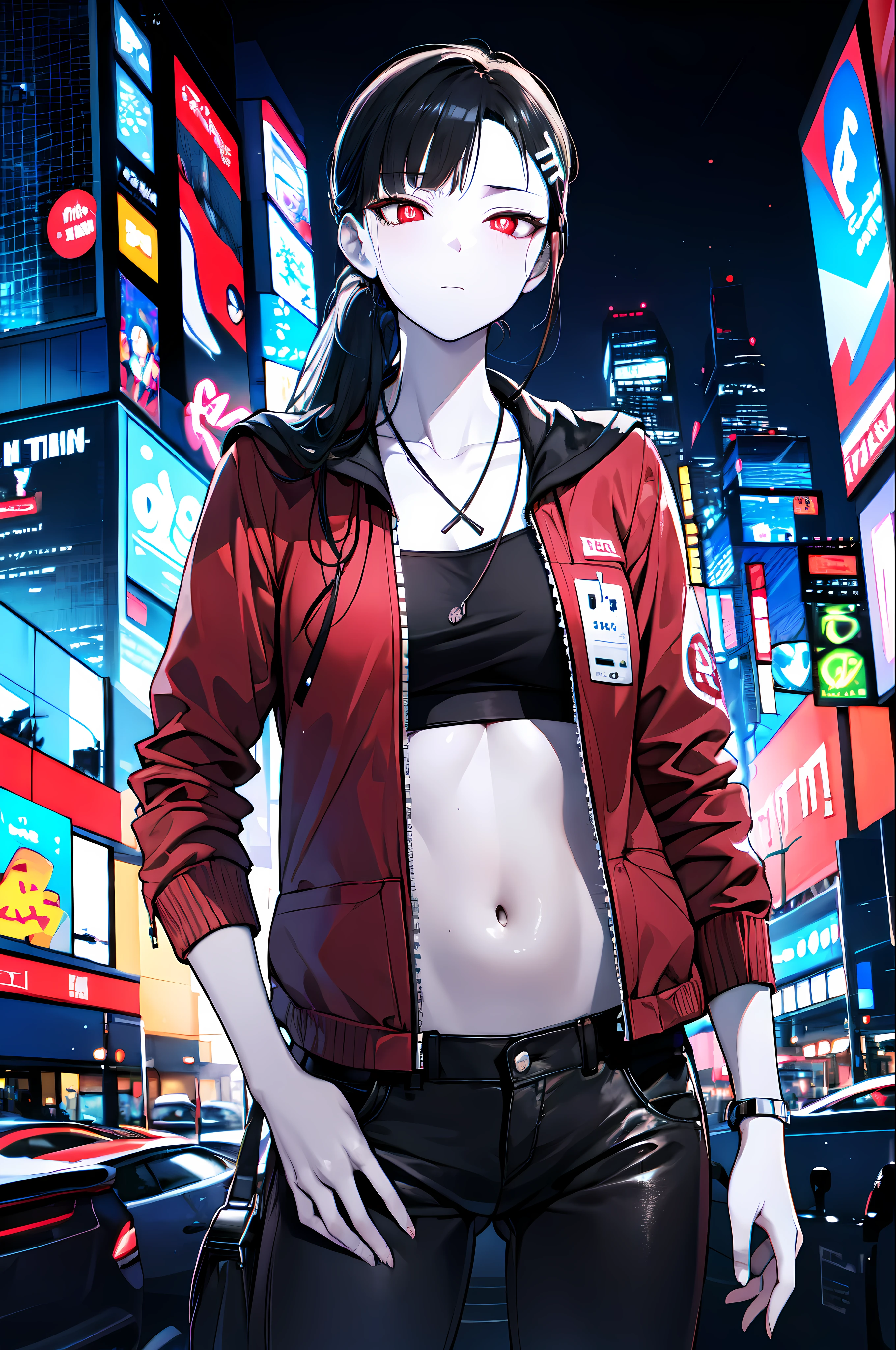 detailed, (masterpiece:1.2), (pale skin:1.2), (solo:1.2), (female:1.1), (emphasis lines:1.3), brunette, (open_red_jacket), long_pants, long_ponytail, collarbone, night, outdoors, empty_city, (glowing_eyes), red_eyes, (white_pupils), small_pupils, (hair_clip)