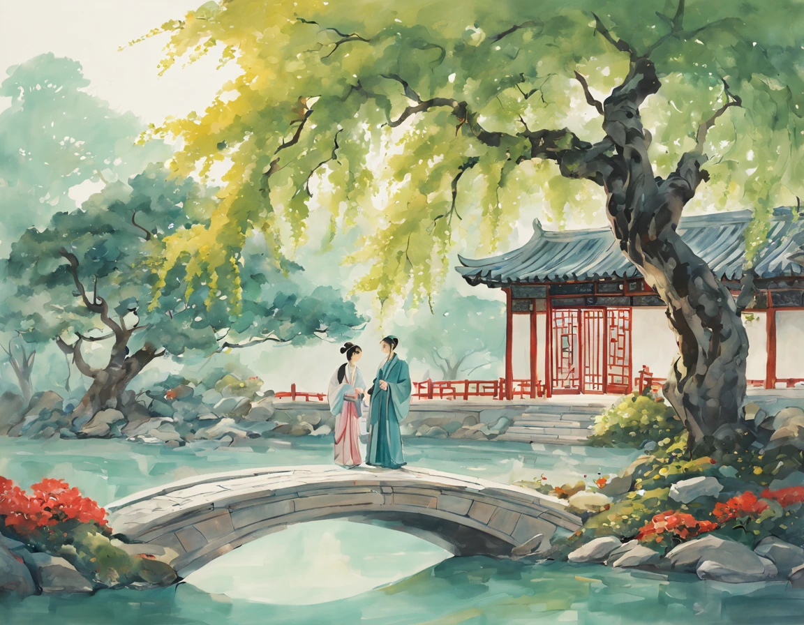 a painting of ancient china, a classical Suzhou garden with chinese-style circle gate and white wall around, flowers, spring, on the left of the garden there is 1 big tree, under the tree there are 1 man and 1 woman standing and talking to each other, they are both wearing flowing elegant hanfu, peaceful atmosphere, fresh atmosphere, calming, mint-tone background