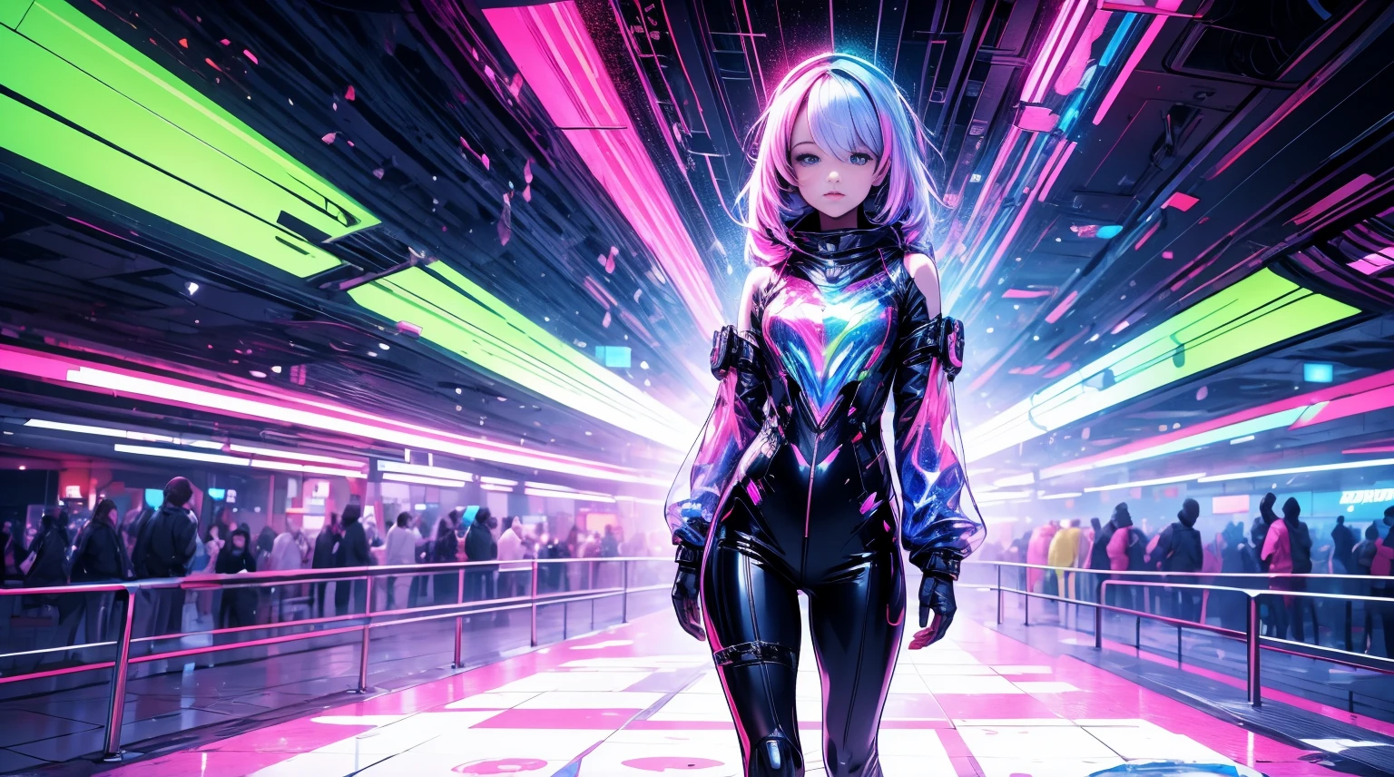 Masterpiece designs by the world's top AI artists, top-quality, 8K, High image quality, (Paint splashes)，Colorful ，Glow Color，lamplight，The Girl，(full body Esbian)，Look at the camera，Slime Girl，Glass-like outfits，Sleeves glow，large round eyes，cute little，The sky is wide，Interdimensional space、Fractal Art，Cyber City