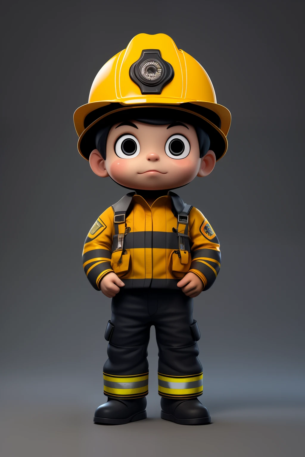 3d minimalist art, cartoonish and simplistic, Firefighters,cute little, A confident look, Standing facing the front, A boy,Simple