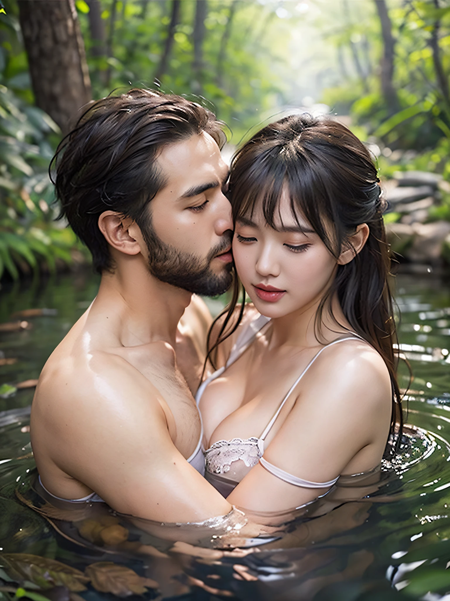 Best Quality, masutepiece, (Photorealistic:2), Attention to detail, hight resolution, 8k RAW photo, Hot couple in hot spring in foggy forest, Big Breast, Long legs, Big hips, bright white skin, Sexy, Blushing, embarrassed, Eyes closed