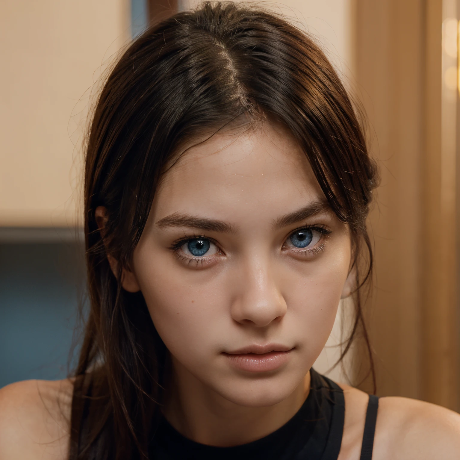 tomboyish girl, kind, friendly, red blue eyes, thin pink lips, sharp nose, smart, cunning, golden black hair