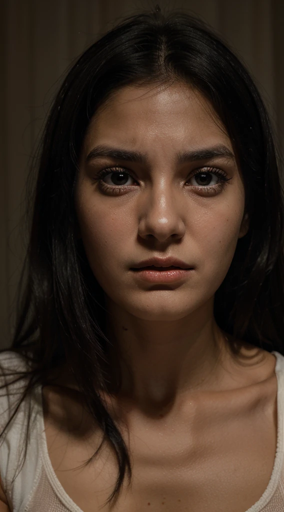 Create an image of a 25-year-old woman with a frightened expression, black hair and fair skin. She telling a scary story and facing the camera.