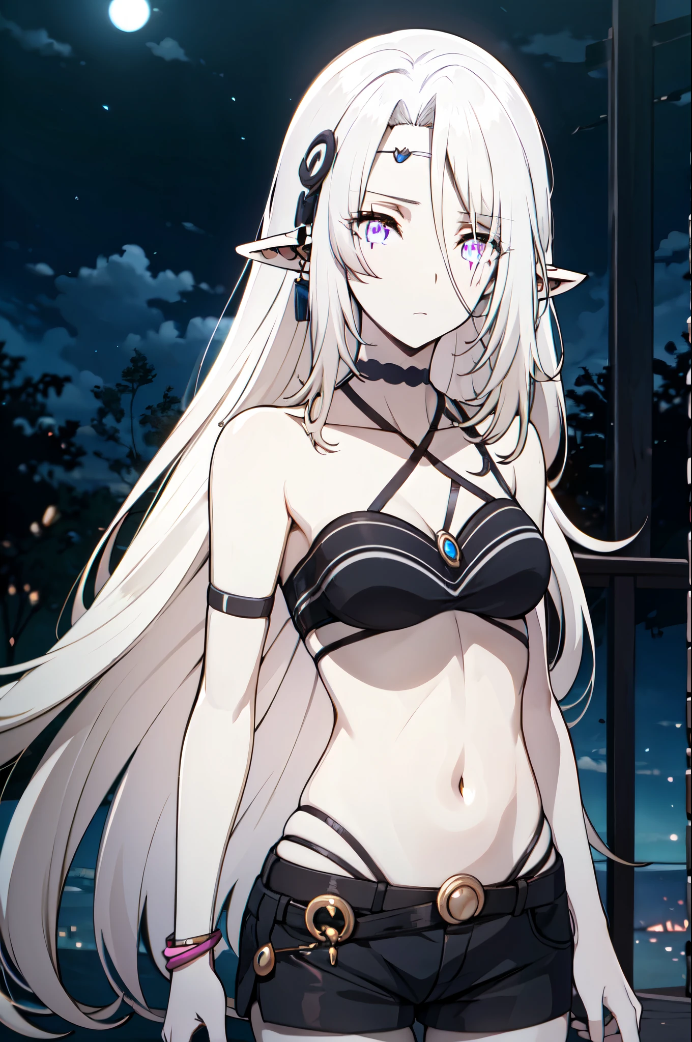 (masterpiece:1.2), (pale skin:1.2), (solo:1.2), (female:1.1), (emphasis lines:1.3), white hair, long hair, bare shoulders, outdoors, armbandracelets), collarbone, night, (plain_field), (casual), navel, pointy ears, (glowing_eyes:1.3)