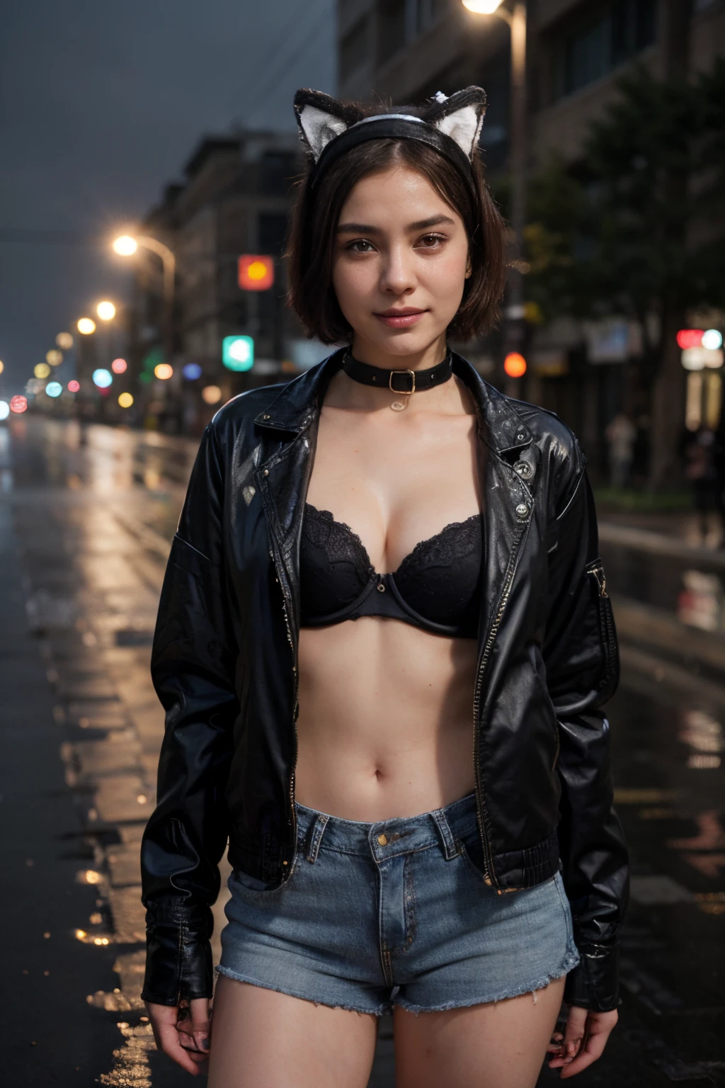 (((Wolf Headband on short hair + collar))), (((Wearing opened black latex jacket revealing bra with jeans shorts))),(((reading a book))),(((looking at viewer:1.5))),(((view full body))),(((Photographing a girl from) )),ulzzang-6500-v1.1, (Raw photo:1.2), (Photo realistic:1.4), a beautiful detailed girl, extremely detailed eye and face, beautiful detailed eyes, ultra-detailed, High resolution, top-quality, masterpiece, highly detailed, 8k wallpaper, Wonderful, finely detail, top-quality, Light on the face,电影灯光,1girl in, (Rainy road),Beautiful eyes,teary eyes, smile,Opening Mouth
