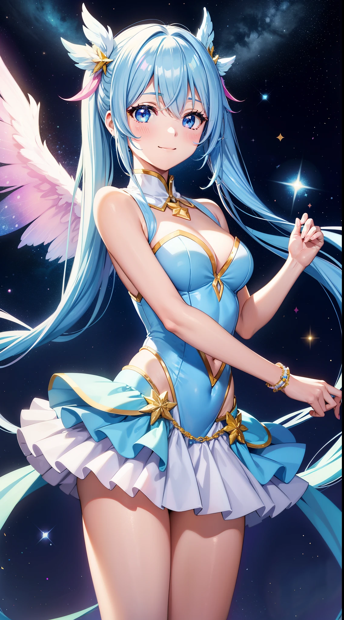 Super Idol a beauty girl A charming smile sky blue hair length hair Twin-tailed Glittering pink, white, Blue, Yellow leotards you've never seen before Looking at the camera angel has 7 big wings'Came back、and that'Colorful. Fantasia constellation a moon Crystal Brilliance Aurora Borealis in the Night Sky