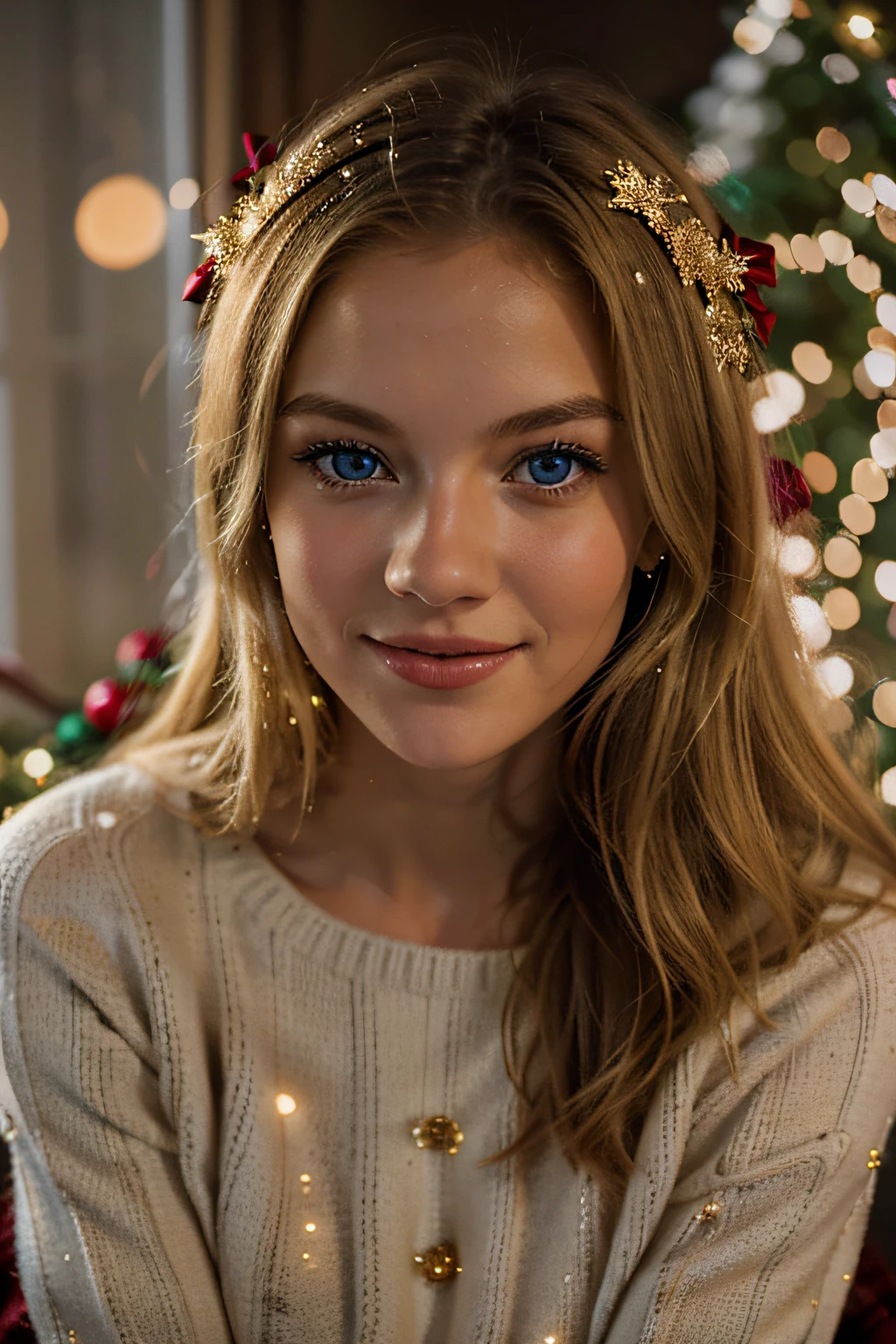 Photography, a festive 35mm lens capture of a blonde european girl with blue eyes, surrounded by twinkling Christmas lights, showcasing her in a cozy red sweater, radiating joy and warmth, with a golden color temperature, capturing a genuine and candid expression under soft, diffused lighting, creating a festive and intimate atmosphere