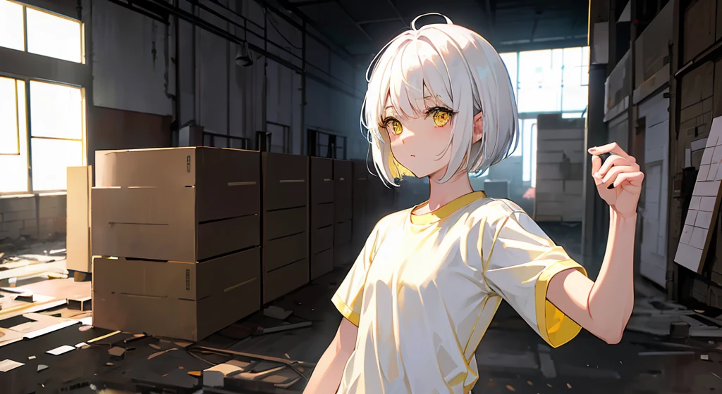 animesque、hight resolution、absurderes、one girls、独奏、white  hair、(lob cut hair:1.2)、(yellow  eyes:1.2)、(Wearing a plain white shirt:1.3)、Dynamic Pose、The upper part of the body、cowboy  shot、warehouse、Steampunk Factory、inside factory、Abandoned rooms、People-centered shots
