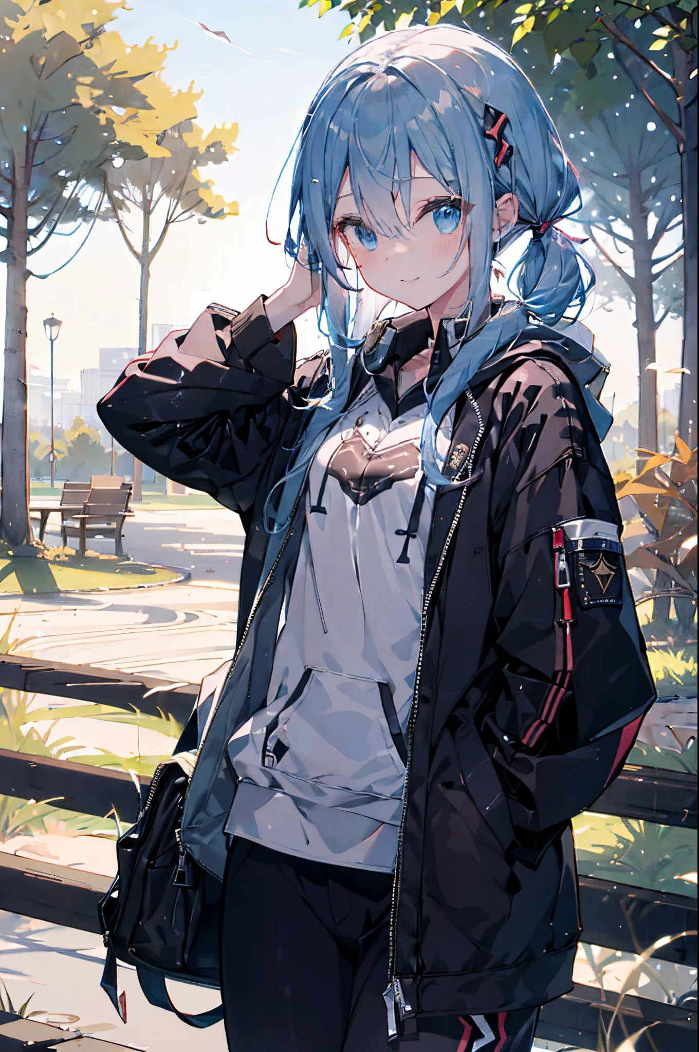 (Girl with a nasty appearance:1.3)、(Daylight hours:1.5)、(and chest:1.4)、Raw photography, top-quality, hight resolution, (masterpiece), (Photorealsitic:1.4), (Mole under the eyes),Anime , foco nítido, nffsw, 8K分辨率, intricate detailes, depth of fields, the Extremely Detailed CG Unity 8K Wallpapers, front lit, femele,25-years old、 Happy face,Smiling、Bangs covering one eye、(tying hair:1.5)、(Medium Showtrain Bo Hair)、(Big hoodie)、blue eyess,(a park:1.5)、(Walk:1.3)、(Full body depiction)、cell phone、(from back view:1.2)、shining world、Autumn、tree々、Dongdong