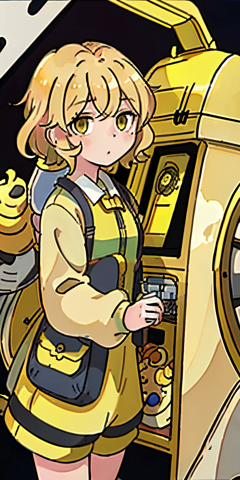 A blonde girl with curly bangs and yellow eyes stands near a machine with toys..
