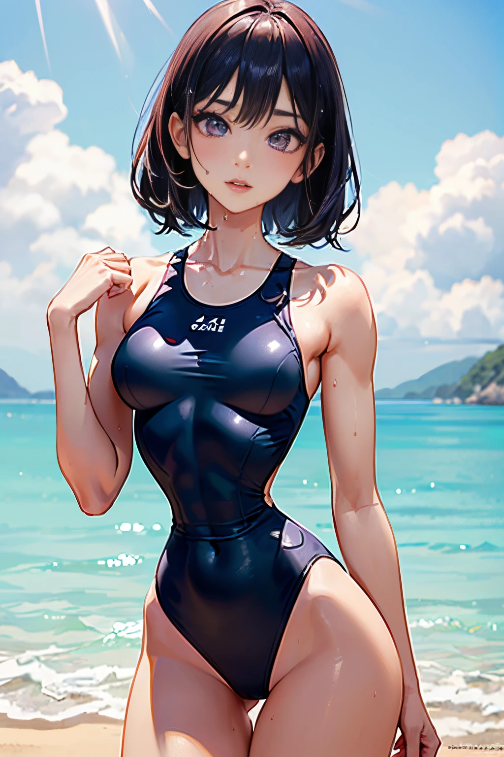 ((Best quality, 8k, Masterpiece :1.retty Japanese woman, 1girl, firm breasts: 1.2, (firm abs, slender figure: 1.3), lustful, looking at viewer, purple eyes, parted lips, blush, , moist shiny skin, makeup, perfect body, light smile, sweat, wet, light rays, glow, thighs, collarbone, narrow waist, wearing ultra-tight blue one-piece swimsuit, ultra-detailed face, perfect swimsuit, slim waist, detailed lips, detailed eyes, double eyelid, perfect face, perfect tight swimsuit, perfect hair, perfect girl, small hips, pose, pool, beach,