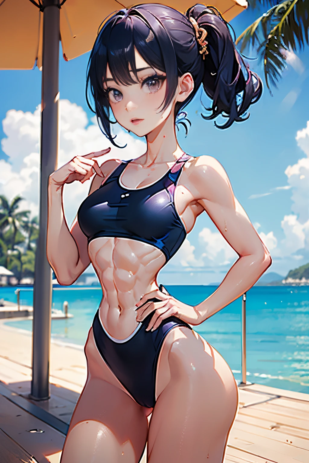 ((Best quality, 8k, Masterpiece :1.retty Japanese woman, 1girl, firm breasts: 1.2, (firm abs, slender figure: 1.3), lustful, looking at viewer, purple eyes, parted lips, blush, , moist shiny skin, makeup, perfect body, light smile, sweat, wet, light rays, glow, thighs, collarbone, narrow waist, wearing ultra-tight blue one-piece swimsuit, ultra-detailed face, perfect swimsuit, slim waist, detailed lips, detailed eyes, double eyelid, perfect face, perfect tight swimsuit, perfect hair, perfect girl, small hips, pose, pool, beach,