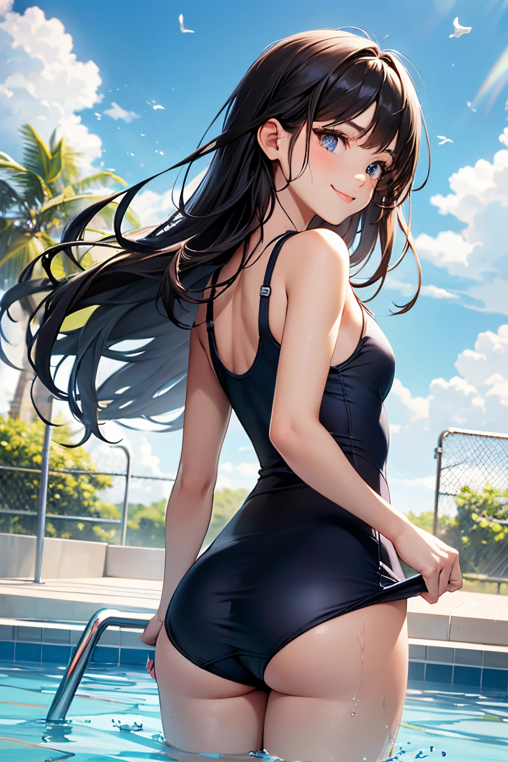 very cute and beautiful girl,(highly detailed beautiful face and eyes:1.2),blue school swimsuit,
standing,(from behind,looking back),leaning forward,pool side,tiny colorful flowers,smile,black hair,cowboy shot,
(best quality,masterpiece:1.2),highres,solo,hair fluttering in the wind,beautiful detailed sky,