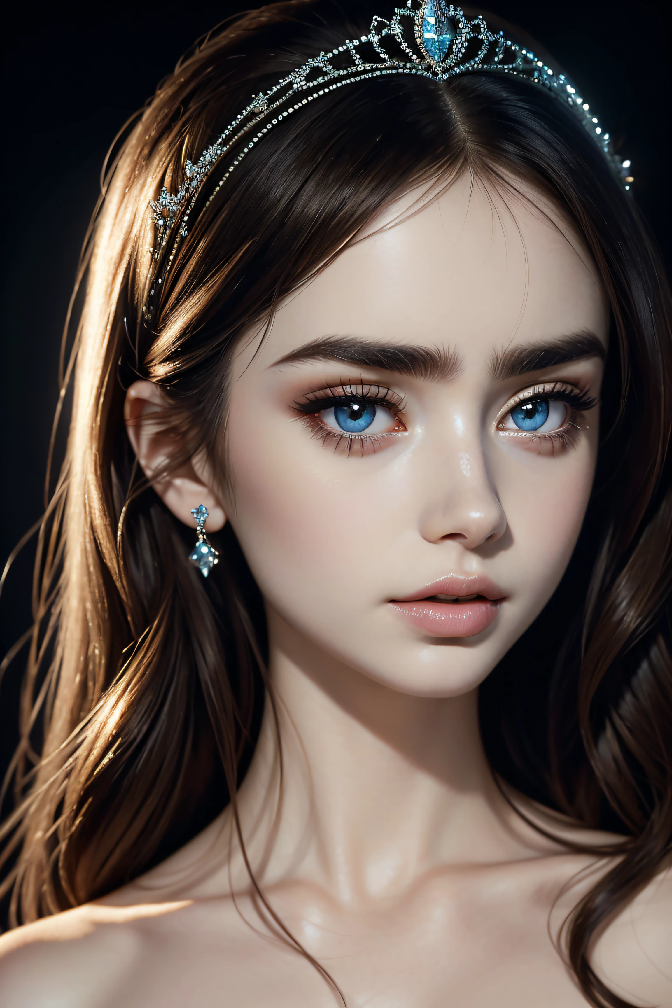 Lily Collins, wearing cinderella tiara sexy clothes transparent. professionally retouched, soft lighting, realistic, smooth face, perfect eyes, sharp focus on eyes, 8 k, high definition, insanely detailed, intricate, elegant. in a natural background.