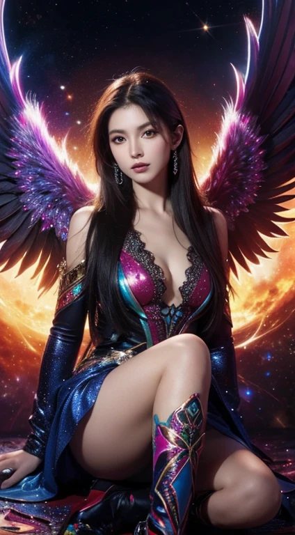 hyper HD,tmasterpiece,Cosmic Fallen Angel, exquisite facial features, Sit on your knees, The colors are very vivid, brilliant colorful,s fractal art