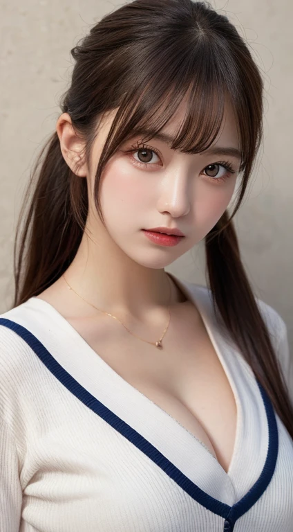 masutepiece, Best Quality, Illustration, Ultra-detailed, finely detail, hight resolution, 8K Wallpaper, 18 year old pretty woman、Perfect dynamic composition, Beautiful detailed eyes, a sailor suit, Natural Color Lip,cleavage,Ponytail