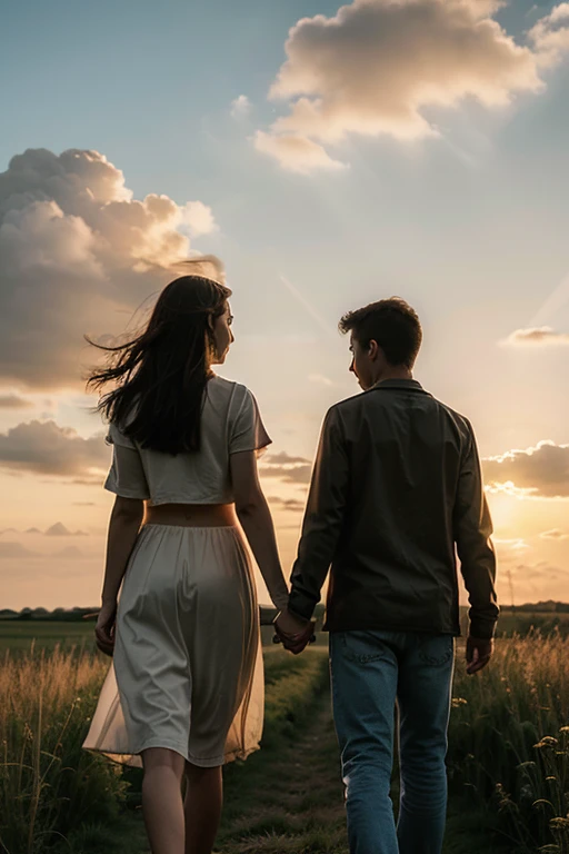 image of a couple holding hands, facing away from each other, walking towards the horizon in a field with the sunset, they have to be apparently happy