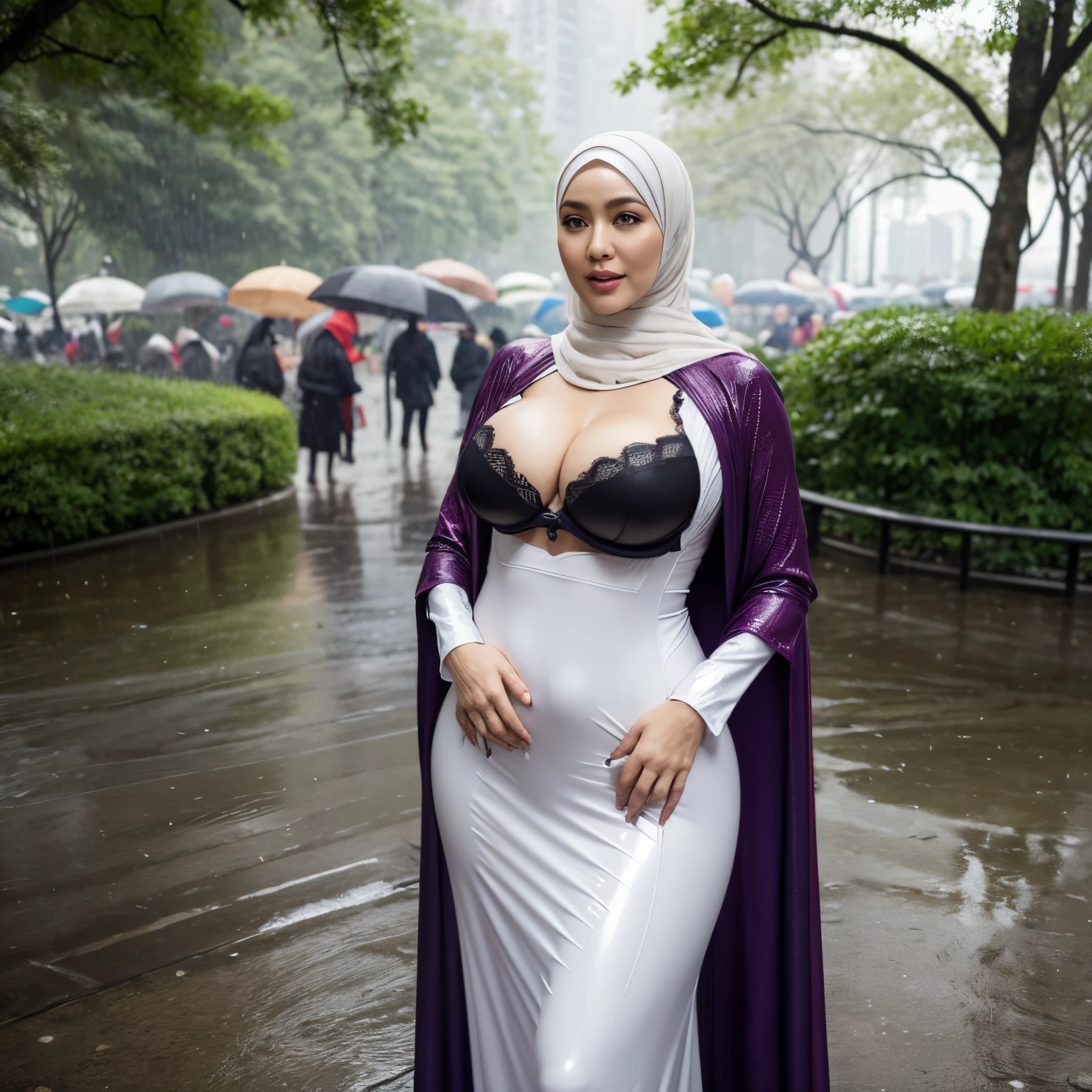 52 years Old, Indonesian Hijab milf, Ultra Droopiest gigantic saggiest longest mature tits : 96.9, wearing tight Gamis, Wearing Tight Latex Bra, Her bra cannot cover her Gigantic breast, Busty body, Wet body, rainy atmosphere, heavy rain, at central park, full body, gravure Idol, Cold Situation