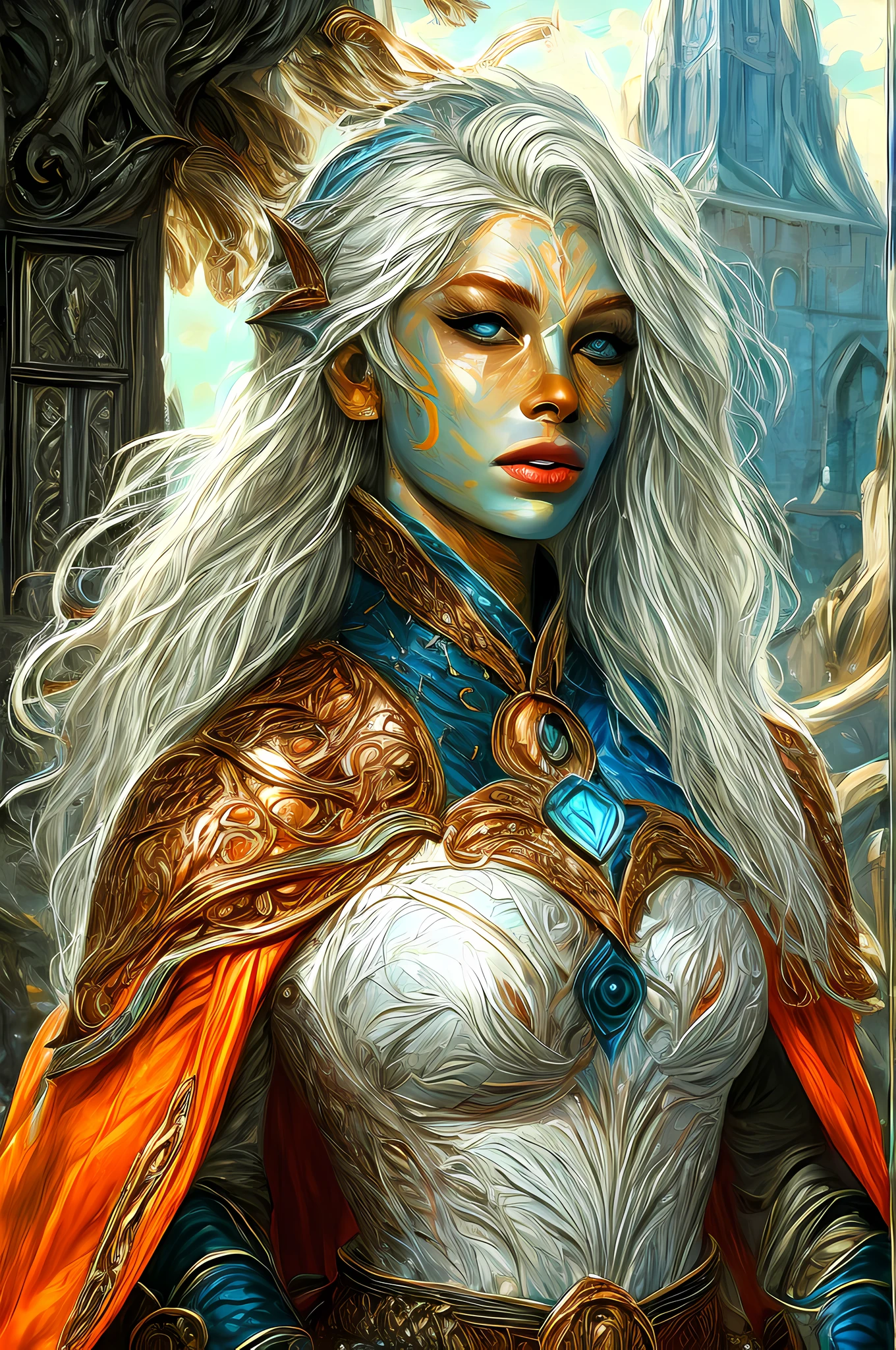 fantasy art, dnd art, RPG art, drkfntasy wide shot, (masterpiece:1.3), full body intense details, highly detailed, photorealistic, best quality, highres, portrait a vedalken female (fantasy art, Masterpiece, best quality: 1.3) (blue colored skin: 1.4), intense details facial detail fantasy art, Masterpiece, best quality)cleric, (blue colored skin: 1.4) 1person blue_skin, (white hair: 1.3), long hair, intense green eye, fantasy art, Masterpiece, best quality) armed a fiery sword red fire, wearing heavy (white: 1.3) half plate mail armor LnF wearing high heeled laced boots, wearing an(orange :1.3) cloak, wearing glowing holy symbol GlowingRunes_yellow,  within fantasy temple background and sun and clouds, reflection light, high details, best quality, 16k, [ultra detailed], masterpiece, best quality, (extremely detailed), dynamic angle, ultra wide shot, photorealistic, RAW, fantasy art, dnd art, fantasy art, realistic art