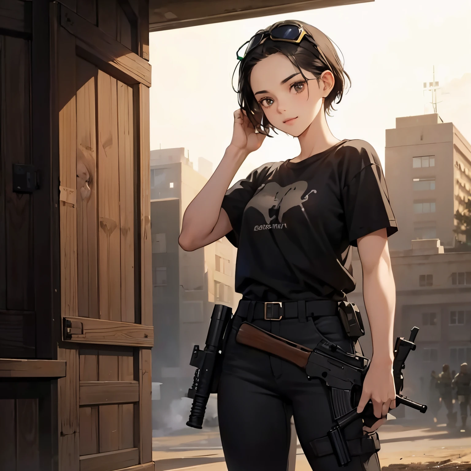 1 girl,girl with a submachine gun,Very cute,Short black hair that shows off the forehead,Goggles on the head,ssmile,tre anatomically correct,Precise fingers,Raw feet,Black T-shirt,Brown pants,Army Boots,Army style,Accurate depiction of a submachine gun,photorealisim,​masterpiece,