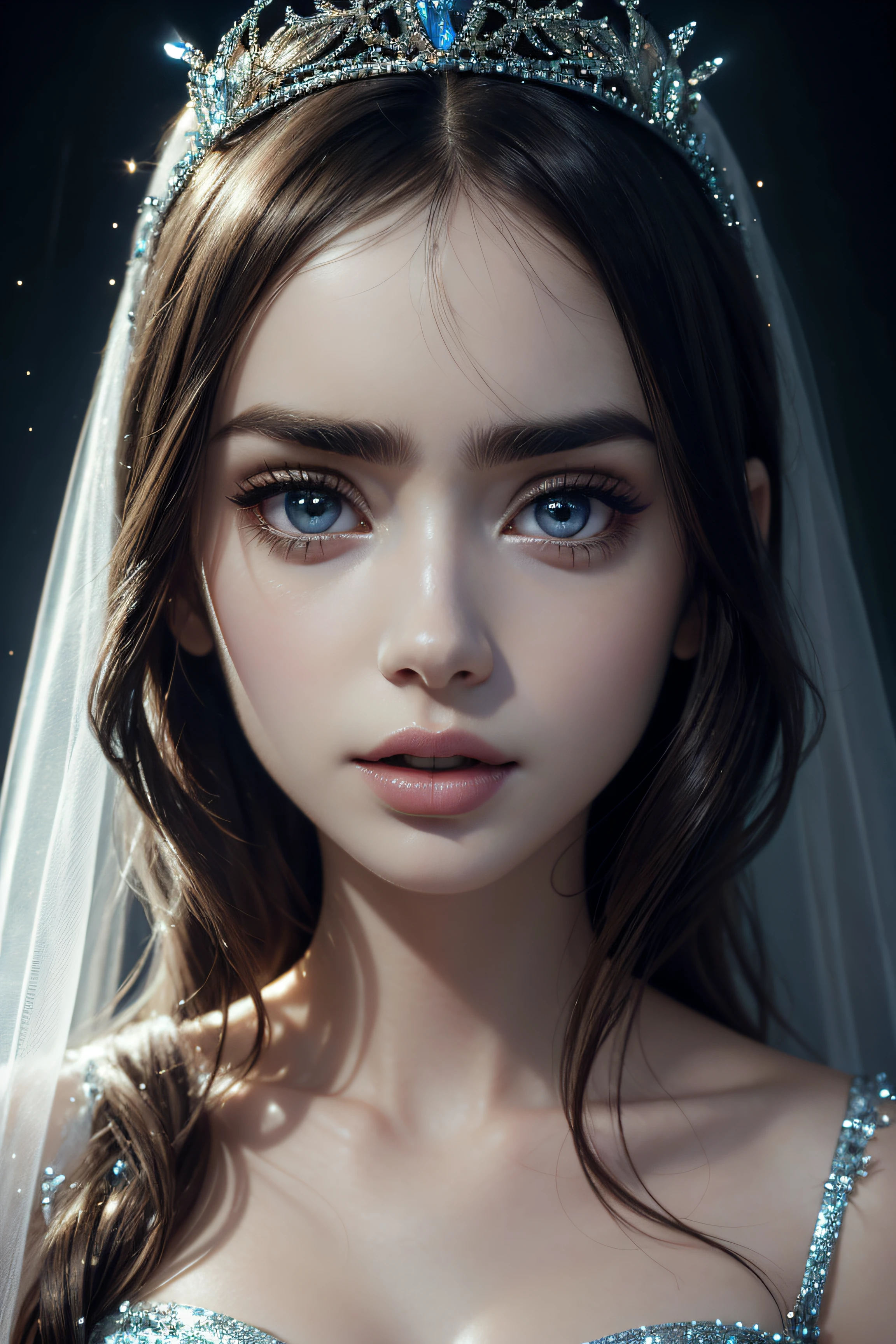 Generate an 8K hyperrealistic image featuring the ensemble of characters from "Corpse Bride." Render them with cinematic depth and hyperrealistic precision, showcasing the diversity of the animated cast.