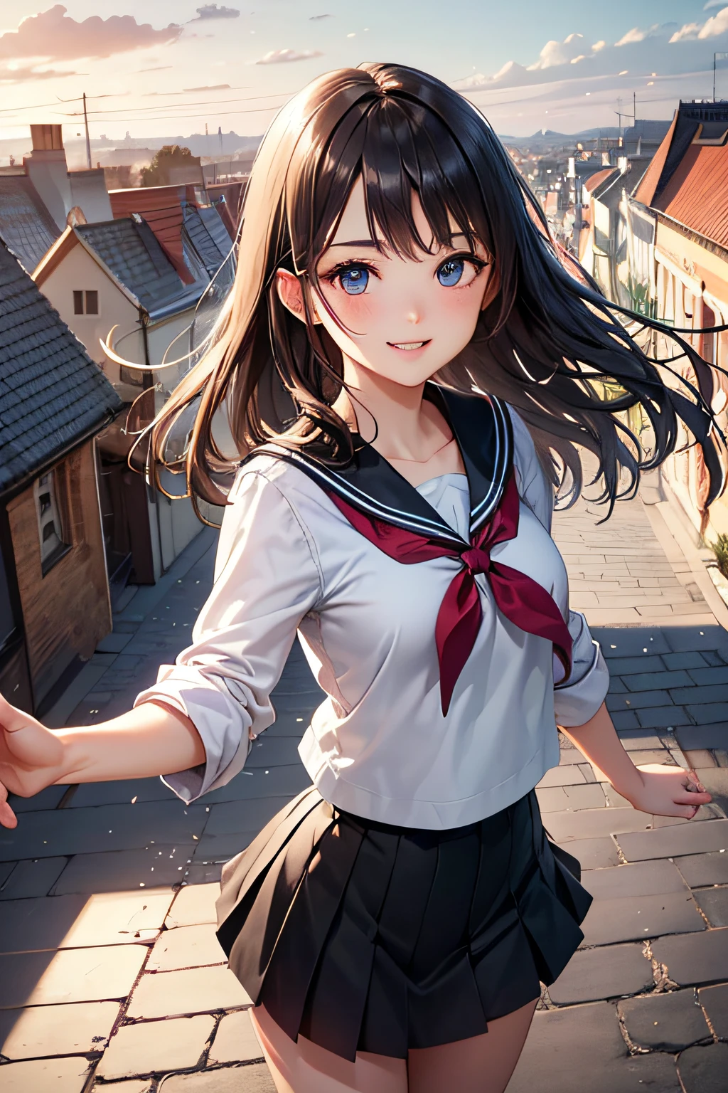 Very cute and beautiful girl,Teen,(very detailed beautiful face and eyes:1.2),(Cowboy Shot),
Smile,Black hair,Seifuku,(Mini skirt),Dynamic Pose,Dynamic Angle,Looking at Viewer,
many european houses with red roofs,(Town overview:1.2),
(Best Quality,masutepiece:1.2),Intricate details,Ultra-detailed,8K resolution,Solo,Natural lighting,extremely details CG,
Hair fluttering in the wind,Beautiful detailed sky,
