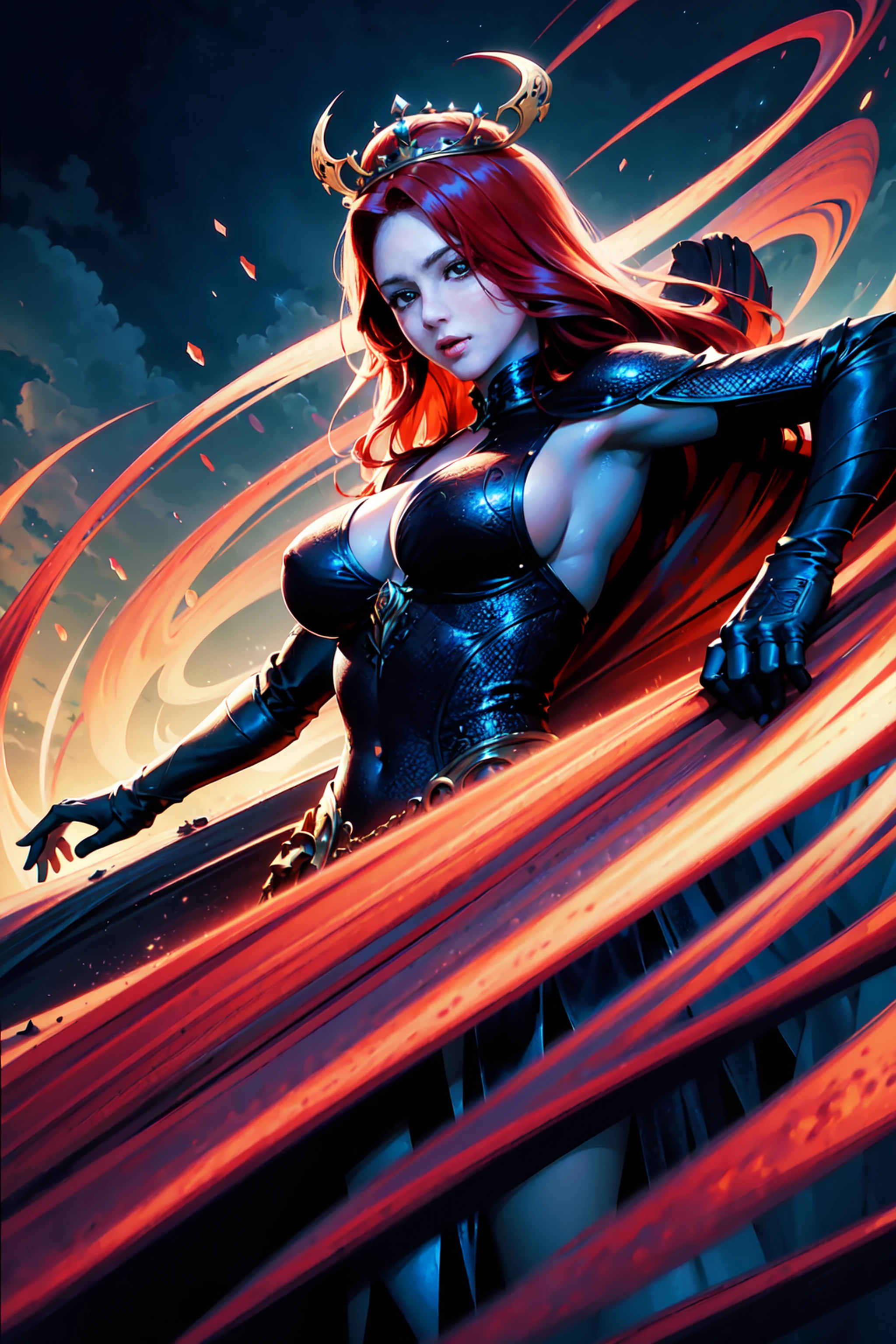 Red-haired woman, diadems, VFX, high octane, Houdini, rendered, Detailed chest, 4K resolution, Some Do Arts, Expressive eyes, Flowing hair, hali々and presence, vivid red hair, Complex crown, Dynamic Pose, Dramatic Lighting, Fantasy atmosphere, intensegaze, flawless skin, seductive beauty, Vivid colors, Superb brushwork, captivating details, Powerful and confident stance, Luxurious fabrics, Majestic background, cinematic quality, Breathtaking artistry, superb craftsmanship, stunning visual effects, Artistic talent, Photorealistic style, dynamic compositions, Imaginative concept, Captivating storytelling, High resolution clarity, exquisite attention to detail, lifelike textures, alluring charm, captivating aura, Radiant personality.