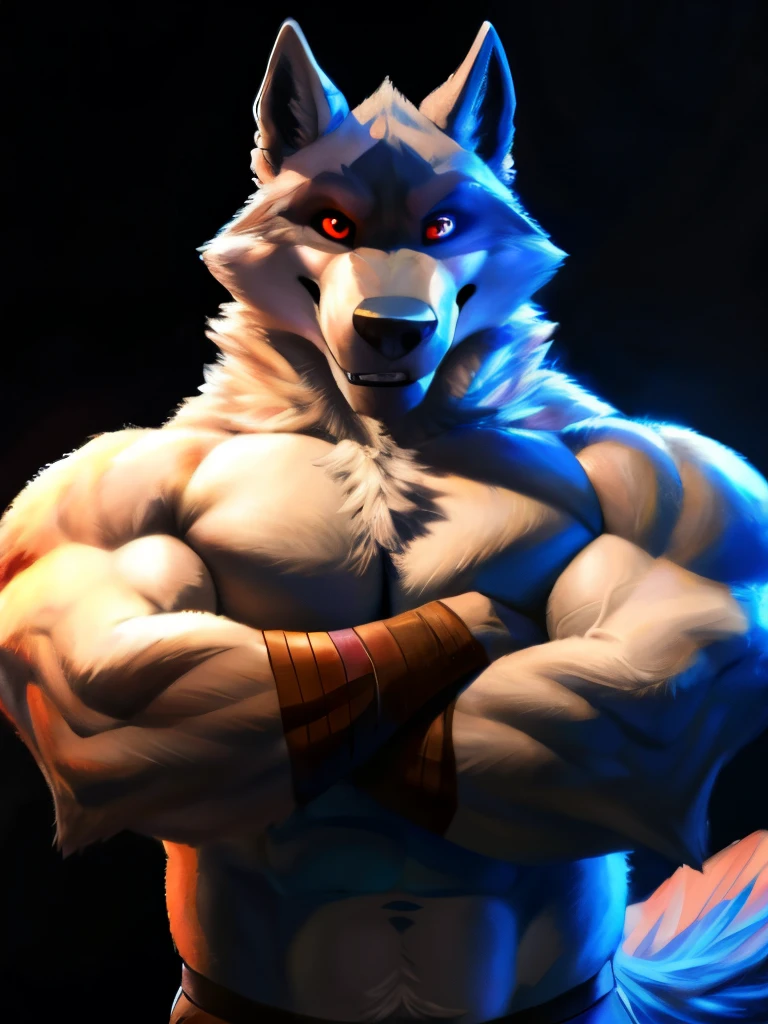 deathwolf, 4k, high resolution, best quality, posted on e621, solo, anthro body, mane, male, , bare chest, very masculine, (very muscular, strong pectorals, big pecs, muscular arms, heavyweight:1.2), correct anatomy, (dark background, black background, featureless background no background:1.2), (by wfa:0.6), (by spelunker_sal:0.6), (taran fiddler anatomy:1.0), (black pants:1.0), (detailed eyes, red eyes:1.2), (detailed shading, photorealistic shading, masterpiece:1.2), confident, proud, strong pose, (veins, vascular:1.1), angry eyes, furrowed brow, smile, looking at viewer, wolf tail, (close-up, half body, front view, head, face, chest), shirtless, arms crossed