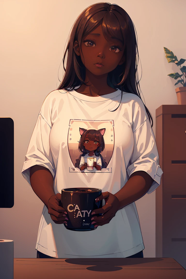 Dark skin pretty young woman in an oversized fitted shirt, shy, sleepy frown ((holding one mug with the letters “c-a-t-t-y” on it)), insanely detailed, 4K, 2D illustration, detailed eyes, luminous brown eyes, cute button nose, full lips, muted pastels and white, ray tracing