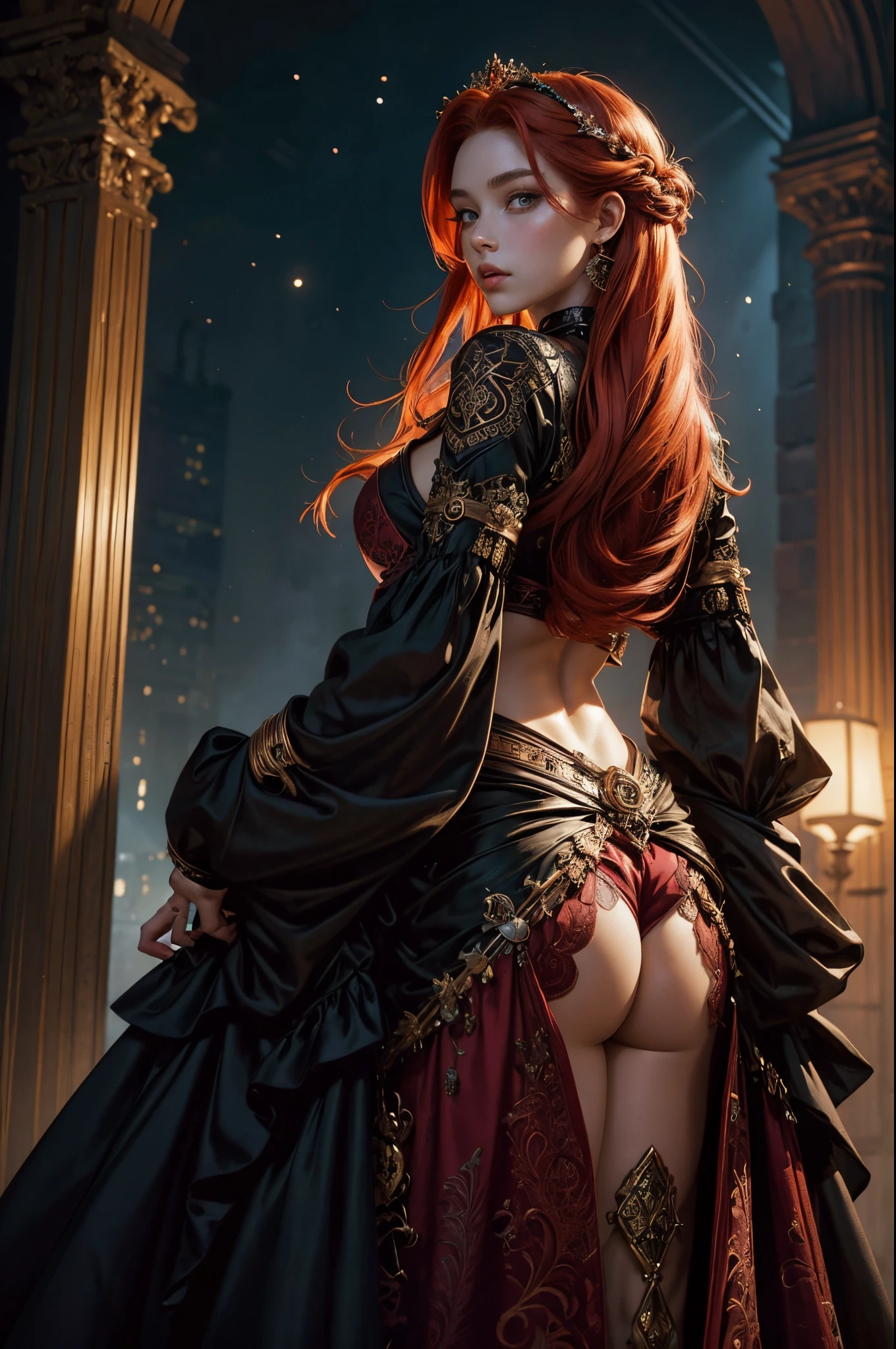 Photo of a woman with red hair and a death grip in a black dress, John Collier's Art Style, Virgo with copper hair, Style by Karol Buck, Young Redhead, portrait of a young witch, No Bowwater Art Style, Stage Director: Roberto Lankiewicz, Geraldo Brohm, Alberto Lynch, portrait of princess merida, Dave Sim, Red-haired girl in a dark palace, Black and purple velvet dress in a kokoshnitsa, Luxury Gypsy Clothing, Head Decoration, lace choker, tmasterpiece, topquality, (Odin), (a perfect face: 1.3), (higly detailed: 1.2), dramatic, 1girl, Angel, (Pale-skinned), Long red hair, dark red hair, (Huge-breasts), light eyebrows,,,,,,,,, hairlong, the night, Purple and Black Medieval Gypsy Clothing, a lot of jewelry, Head decorations, brown eye, The navel is covered......, pouty lips, Curvilinear, (Hands Behind Your Back: 1.4), Covered, Detailed background of the palace, Arte de Artgerm e Greg Rutkowski, 电影灯光, , moda, balenciaga, Alexander McQueen, glistering, Copper-red hair, Copper-red hair, redhead hair, redhead woman, Beautiful red hair, Redhead, Pale-skinned, Bottle of Fat, large lips, juicy lips beautiful lips, pretty eyes, Chubby Buchachas, round face, Chubby young woman, Chubby , chub, fat, Woman with chubby body, Chubby woman, Black Dress, Sullenly reaches out with his whole body towards the viewer.), (Green eyes: 1.3)