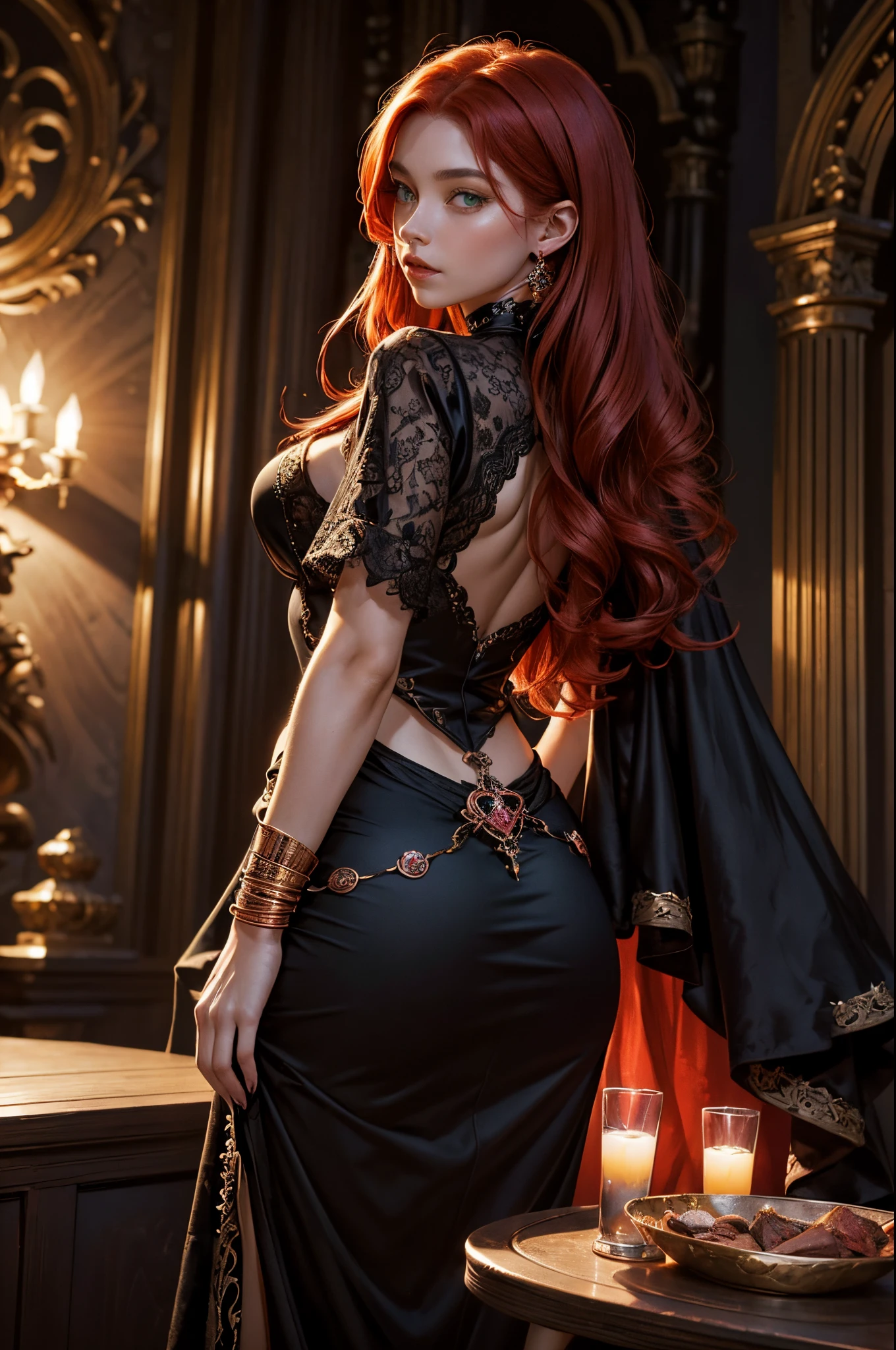 (masterpiece, best quality, cinematic, photorealistic, ultra-detailed), (1girl, Sophie Turner as Sansa Stark:1.2), (wide shot, full body view, from behind:1.5), (wearing Northern Attire, a dark fur-lined cloak over a grey dress with intricate embroidery:1.3), (Long, red hair styled in intricate Northern braids), (blue eyes, soft and shimmery eyeshadows, detailed pupils, defined eyelashes), (blushing, slightly parted lips, cherry lips, fluffy lips), sexy body, perfect hands, (large cleavage, massive tits, underboobs), (sensual pose), (gradient background), looking at the viewer