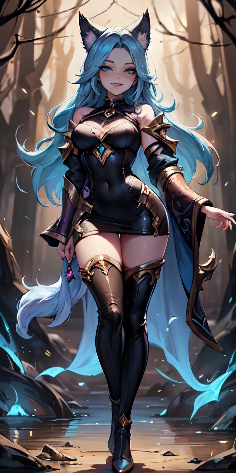 Masterpiece, 8k, art style by sciamano240, very detailed face, detailed clothes, detailed fabric, 1girl, ( Death sworn Katarina (league of legends 1.1)) beautiful face, asymmetrical long hair, light blue hair, exposed navel, black thigh boots, very detailed blue cat eyes, leather mini pencil skirt, cute smirk, looking at viewer, posing standing up, night, full body view , forest setting, seductive eyes,