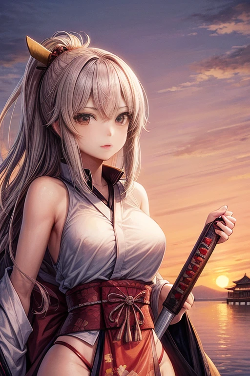 Samurai girl with sword wearing a sexy kimono in the background of a Japanese castle sunset