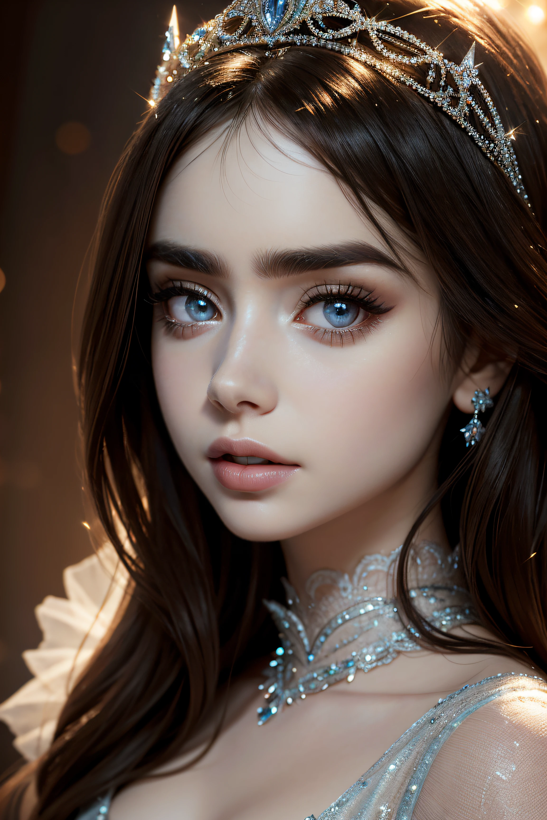 Lily Collins, wearing cinderella tiara sexy clothes transparent. professionally retouched, soft lighting, realistic, smooth face, perfect eyes, sharp focus on eyes, 8 k, high definition, insanely detailed, intricate, elegant. in a natural background.