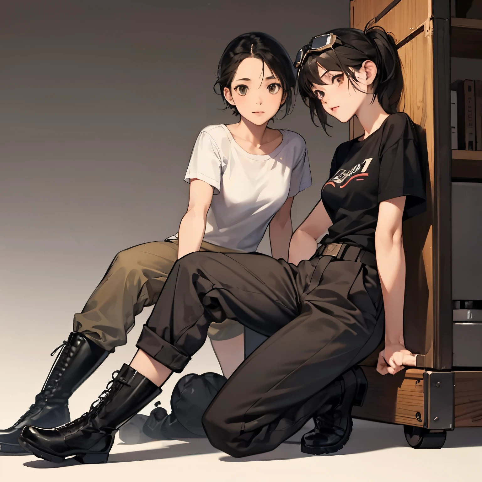 1 girl,girl with a submachine gun,Very cute,Short black hair that shows off the forehead,Goggles on the head,ssmile,tre anatomically correct,Precise fingers,Raw feet,Black T-shirt,Brown pants,Army Boots,Army style,Accurate depiction of a submachine gun,photorealisim,masterpiece,