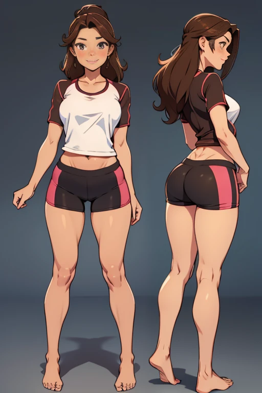 Front and back fullbody image of a beautiful barefoot  happy blushing brownhaired woman wearing short workout clothes.