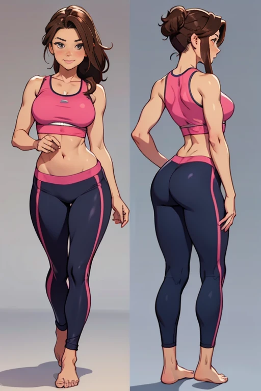 Front and back fullbody image of a beautiful barefoot  happy blushing brownhaired woman wearing short workout clothes.