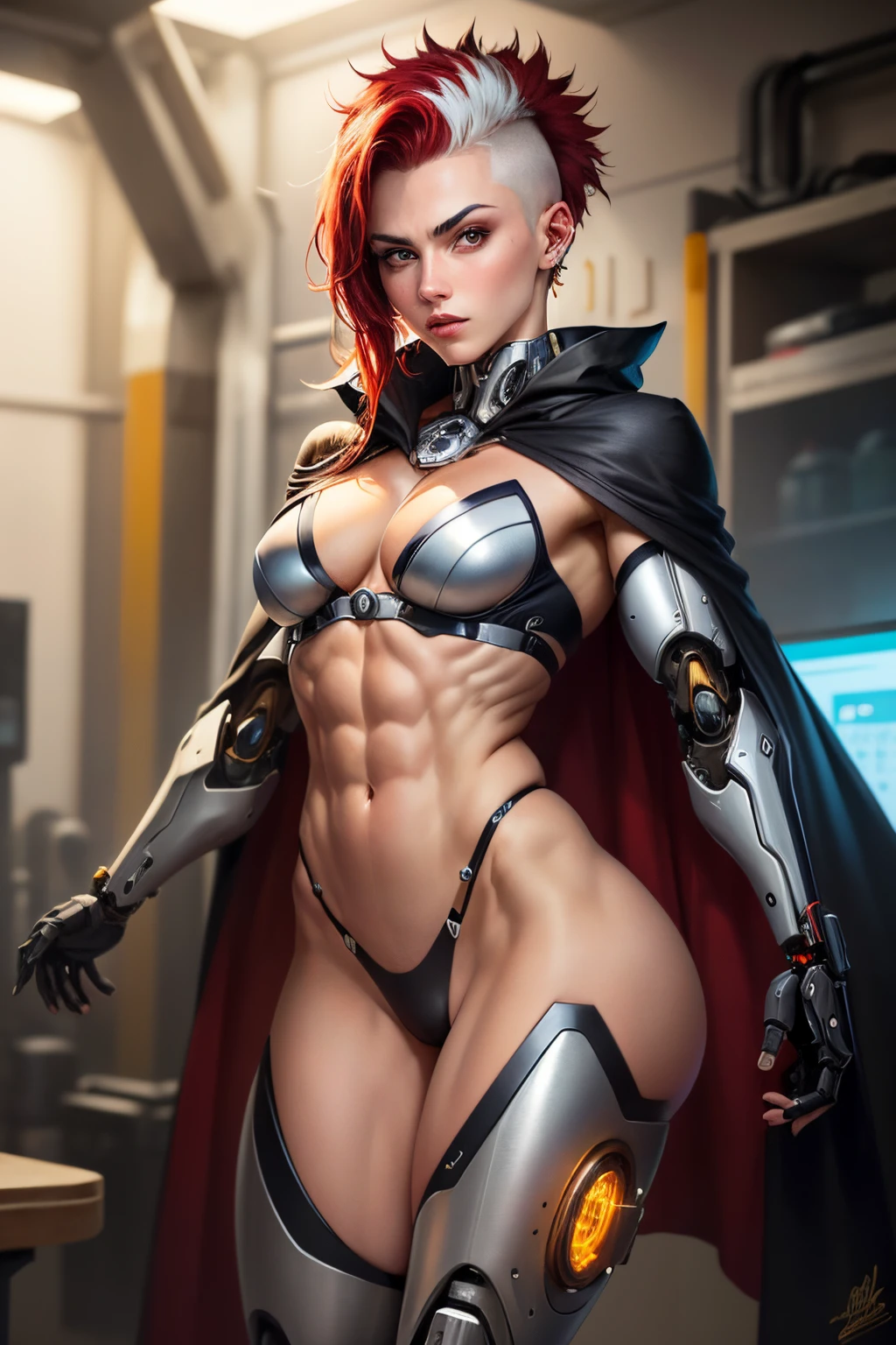 A girl with robotic fully mechanical body, all body mechanical parts, platinum white buzz cut right part hair, ((red meshed side hair)), ((top hair platinum dyed, side hair red dyed)), Russian face, very muscular, soulless face, powerful, Russian girl face, (small black Cape), ((ifbb pro body shape)), ((mechanical arm)), ((mechanical legs)), ((mechanical abs)), ((mechanical neck)), ((all body mechanical)), ((human head))