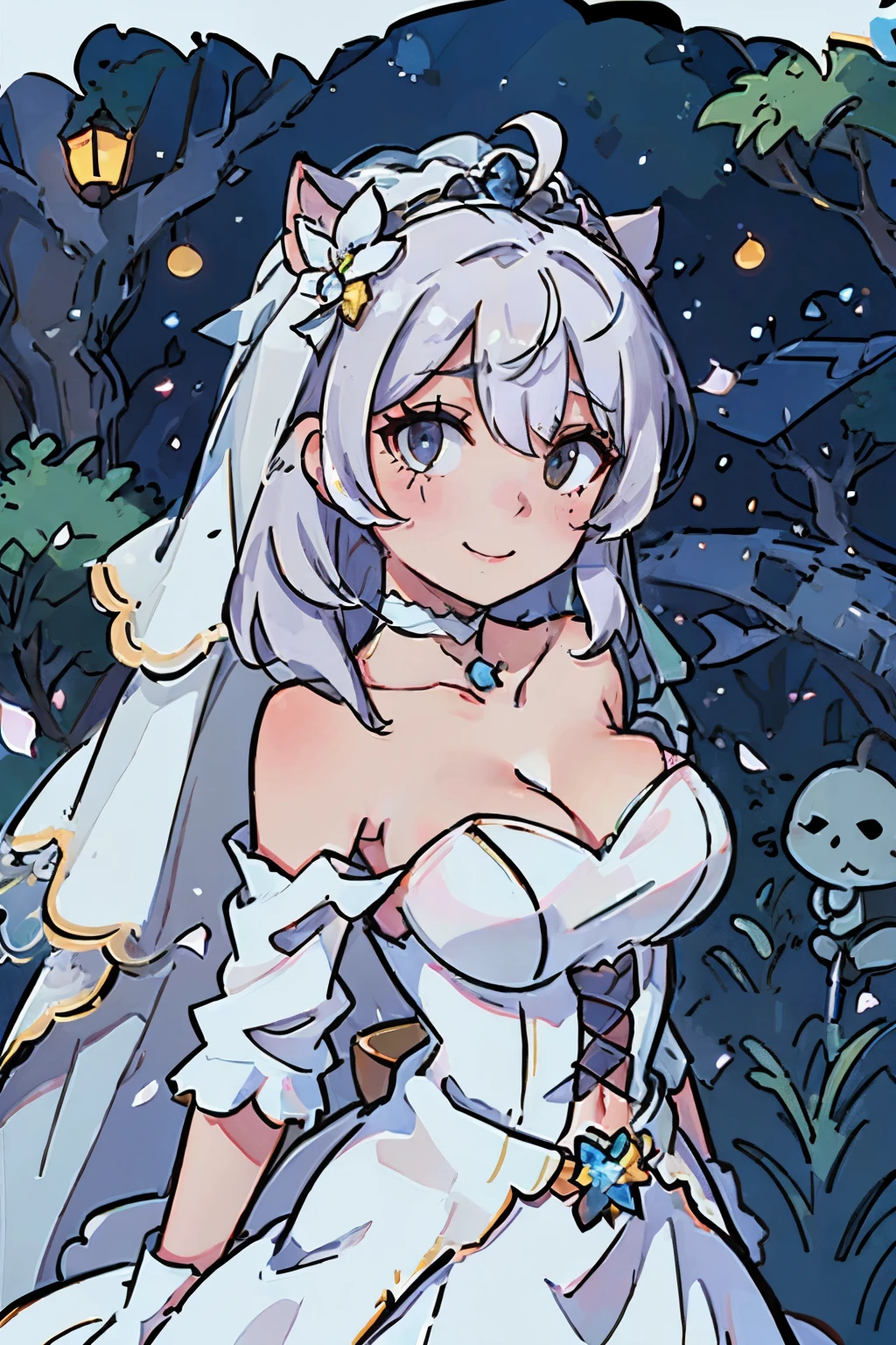 mio, bangs, cat ears, hair between eyes, ahoge, white hair, star \(symbol\), hair ornament, dress, cleavage, bare shoulders, collarbone, long white elbow gloves, white gloves, white dress, white choker, strapless, tiara, veil, strapless dress, wedding dress, bridal veil, beautiful woman, perfect body, perfect breasts, wearing a wedding dress, ball gown, in the park trees, wedding decorations, a warm smile, realism, masterpiece, textured skin, super detail, high detail, high quality, best quality, 1080p, 16k