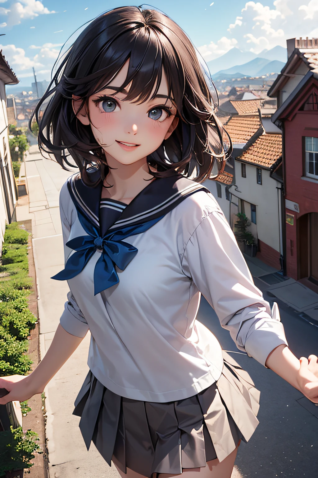 Very cute and beautiful girl,Teen,(very detailed beautiful face and eyes:1.2),Seifuku,Smile,(Navy blue pleated mini skirt),
(Cowboy Shot),Skirt lift,White panties,Dynamic Pose,Dynamic Angle,Looking at Viewer,
many european houses with red roofs,(Town overview:1.2),Detailed landscapes,
Black hair,(Best Quality,masutepiece:1.2),Intricate details,Solo,8K resolution,extremely details CG,Natural lighting,
Hair fluttering in the wind,Beautiful detailed sky,