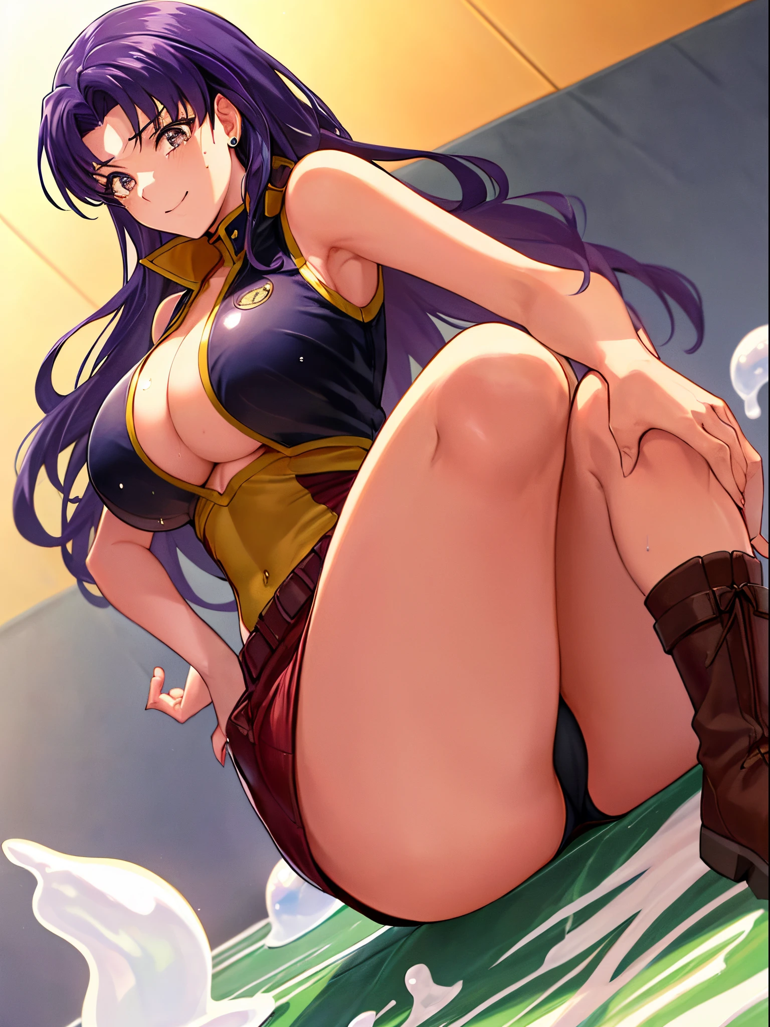 (masutepiece),(Best Quality), Misato Katsuragoio、Brown Aisato Katsuragi, Brown eyes, Indigo hair、Big breasts、((Smaller head))、1 female、Miniskirt Santa 、Sexy pose with one knee standing、(Raw photography:1.2)、(Photorealsitic:1.4)、A smile、Textured skin、extremely detailed eye and face、beatiful detailed eyes、二重まぶた、huge filesize、(Increase the beauty of skin texture:1.1)、hight resolution、highlydetailed skin、top-quality、8k wallpaper、电影灯光、large boob,Seductive underwear、Open legs、breasts looking、 Spread your legs、Spread your crotch、Persistent stare, Sharp eyes, sexy langeries a miniskirt Neat and clean image Gold decoration Costumes with fancy decorations justice poneyTail semi long hair hair adornments Crying expression Opening Mouth Squinting eyes Jockey Boots thrust out one's hip Open your legs laying on back Full body painting Put your hand on your crotch You can see your armpits Long boots below the knee Raw feet Open your crotch bend knee お漏らし Yellow water flowing from the crotch full of sweat Leotards are wet and skin visible Soaking in white slime Pool full of white slime indulge
