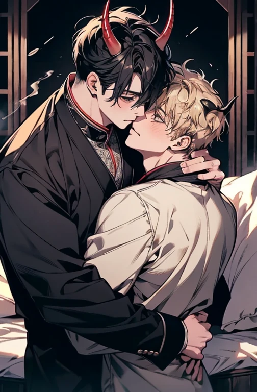 ４ｋ、ultra-detailliert、Official art、(((Man to man、Two men、Men of normal body type、Next to him、steam、muscular man with perfect big horns、perfect  eyes)))、geisha、Hands gripping the waist、Trance、cum on、Black-haired and blonde、Two men diametrically opposed、Two people laughing、stare at each other、stroking the head、animal ear、Animal tail、kimono、Men with broad shoulders、Tight Fit Undershirt、Hugging the waist、Kissing between men、put out the tongue、red blush、perspiring、Troubled face、Sleep in bed、