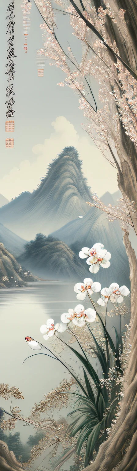 The gorgeous silk art of embroidery in ancient China,chineseidol,Chinese Zen Tea Culture and Art,ancient china art style,Fresh tones,There are several white orchids in the white jade vase,gold embroidery,In line with ancient Chinese aesthetics,(tmasterpiece,high high quality,Highest image quality),opulence,noble,Chinese style,National style beauty,golds、jade jewelry,The background the setting sun,Xiangyun, great river and mountain scenery,Ink blending,Light particle effect,Large game CG scenes,The majestic momentum of Eastern aesthetics,Auspicious and festive meaning,otherworldly atmosphere,stunning graphicquisite detailing,Large commercial advertising style,Classical Chinese art,high-definition image,16k,in the background bokeh,Deep view,OC Render,It's breathtakingly beautiful,majestic and beautiful,The art of quiet elegance,HD digital art,Gorgeous and beautiful illustrations,Chinese elements,The perfect combination of fantasy and reality,Rich picture layering,Light painting blooms,light particle rendering,hyper realisitc,bright, romantic and beautiful light,soft warm light,beautiful art,Ultra HD 8K,Stunning beautiful wallpaper background artwork,8K detailed painting, 8k high definition wallpaper illustration,High detail digital art
