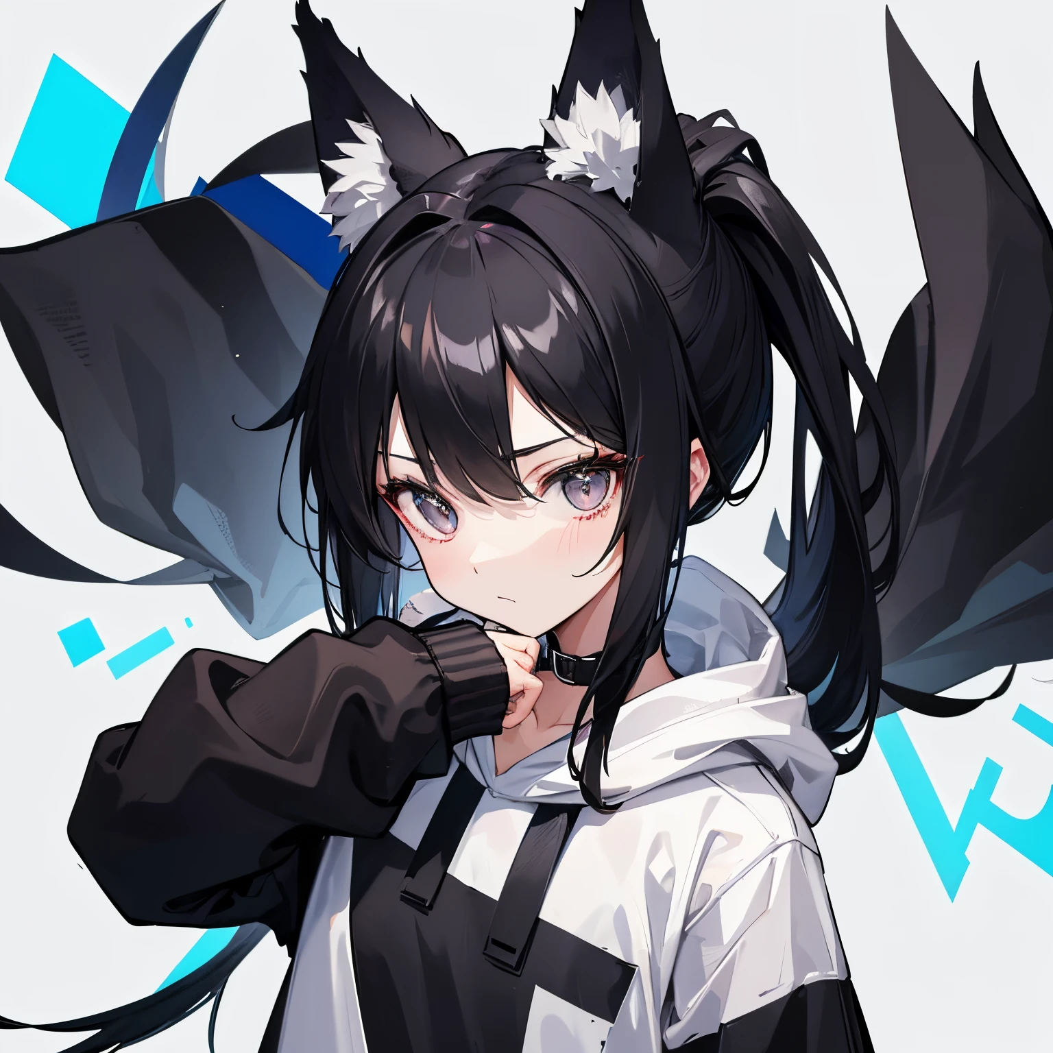 Girl of average height and thin build. With black hair in a high ponytail and wolf ears, her eyes are white, and there is a white mask on the face. She is wearing a black hoodie, black pants and sneakers, and also a black wolf tail sticks out