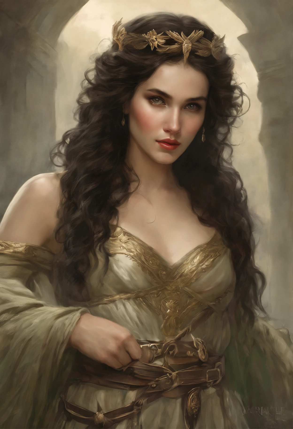 真实感, dark fantasy style, John Tolkien style, Small painting by Jean-Baptiste Monge, portraite of a, looks from the front, Soft facial features,  Angel Girl, Average height, dark pink lips, thin lip shape ,"Cool eyebrows in the shape of Angryburts, dark brown eyes, green colored eyes, drooping eye shape, drooping corner of the eye, looking at away,  black  hair, hair braided in a long thick tight braid,  classic braid, hairstyle with classic braid, duck nose shape,  in the hands of the sword of the heavenly warrior,   Human Hand, Very clear without flaws with five fingers ,in the form of a Valkyrie,  Carol Buck style, behind his back are huge open angel wings, Sword in hand,Human hand, very clear without flaws with five fingers  ,Slightly naked, Priestesses, dressed in white and gold clothes, holy golden armor, Celestial Queen, Standing next to a motorcycle, rain is dripping, The sky, rainbow, Jean-Baptiste Monge, anthropomorphic --ar 2:3 --testp -optimistic;
