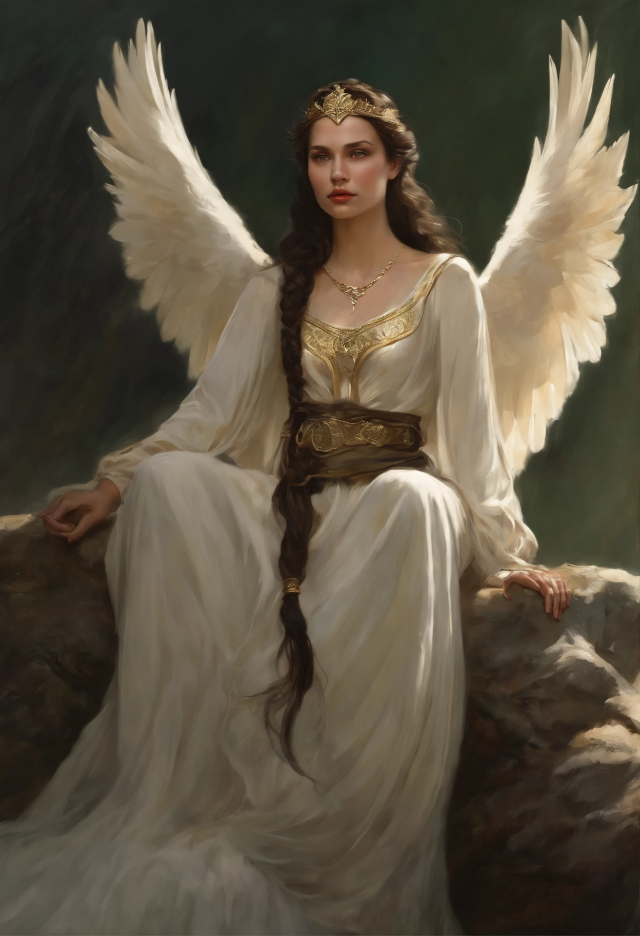 真实感, dark fantasy style, John Tolkien style, Small painting by Jean-Baptiste Monge, portraite of a, looks from the front, Soft facial features,  Angel Girl, Average height, dark pink lips, thin lip shape ,"Cool eyebrows in the shape of Angryburts, dark brown eyes, green colored eyes, drooping eye shape, drooping corner of the eye, looking at away,  black  hair, hair braided in a long thick tight braid,  classic braid, hairstyle with classic braid, duck nose shape,  in the hands of the sword of the heavenly warrior,   Human Hand, Very clear without flaws with five fingers ,in the form of a Valkyrie,  Carol Buck style, behind his back are huge open angel wings, Sword in hand,Human hand, very clear without flaws with five fingers  ,Slightly naked, Priestesses, dressed in white and gold clothes, holy golden armor, Celestial Queen, Standing next to a motorcycle, rain is dripping, The sky, rainbow, Jean-Baptiste Monge, anthropomorphic --ar 2:3 --testp -optimistic;