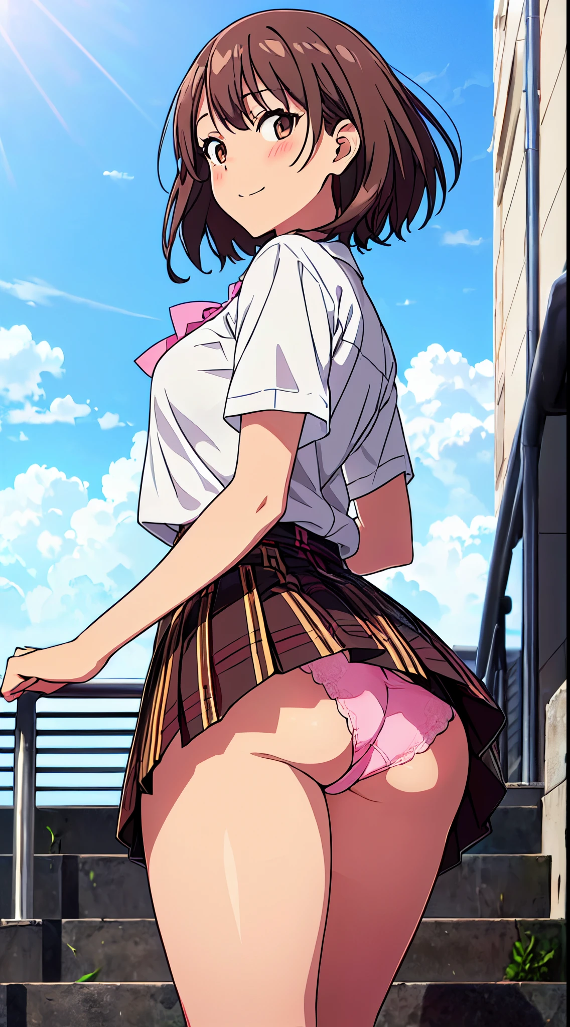 ((masutepiece, Best Quality, hight resolution, nffsw, Perfect Pixel, 4K, nffsw, nffsw))), 1girl in, Single, Solo, Beautie、full body seen、 ((Middle Wave Hair, Bangs, Brown hair)), ((Brown-eyed, Beautiful eyelashes, Realistic eyes)), ((Detailed face, Blushing:1.2)), ((Smooth texture:0.75, Realistic texture:0.65, Photorealistic:1.1, Anime CG style)), medium breasts, Dynamic Angle, Perfect body, ((red bowtie, School uniform, , White shirt, Black skirt, plaid skirts)), City staircase、Looking up from the bottom of the stairs、Very embarrassing panic smile, turned around、bending forward、(The wind flipped my skirt and exposed my butt..................、Touching the buttocks with both hands、Pink lace panties)、