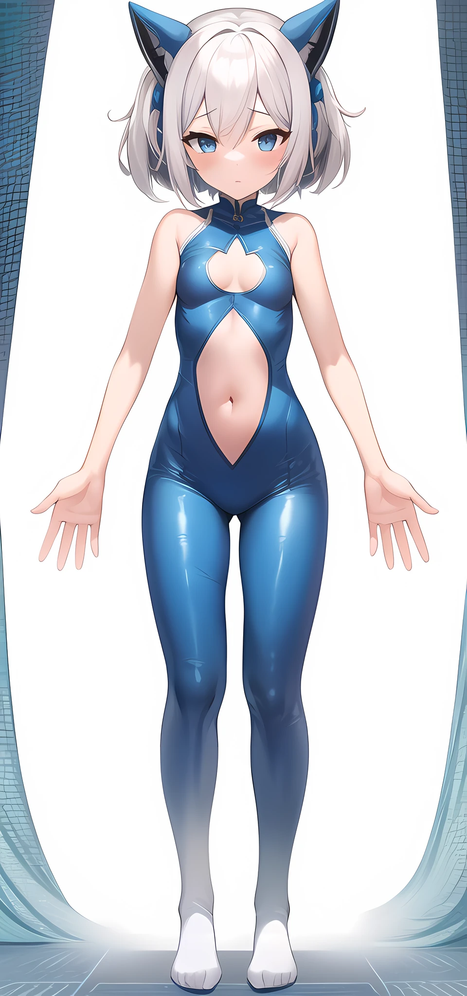 [(NO BACKGROUND:1.5),::5] (WHITE BACKGROUND:1.5), [(SEXY:1.5)::,5] (:1.5), (tight suit:1.5), [(SYMETRICAL:1.5),::5] standing, (default pose:1.5), (1girl:1.5), solo, (loli), full body, small breasts, short hair, looking at viewer, (open coat, robe, blue robe, magical, magician, modern, contemporary, futuristic:1.4), solo, full body, masterpiece, solo, beautiful, detailed eyes, detailed face, (white clothes:1.2), (blue stripes:1.3), (white hair:1.4), (cyberse:1.4), (loli:1.3bsurdres, ultra-detailed, masterpiece, highres, 4k, high quality, digital art, sparkling eyes, (thigh:1.3), (small breasts:1.4), short hair, (bare arms, bare hands:1.4), (navel cutout:1.3), navel