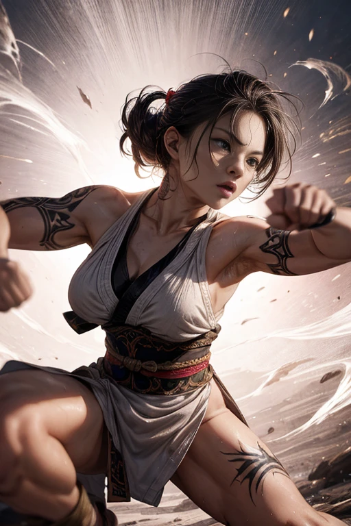 (best quality,4k,8k,highres,masterpiece:1.2),ultra-detailed,(realistic,photorealistic,photo-realistic:1.37),Kung Fu girl,Blade and Soul,sexy pose,martial arts movements,highly detailed facial features,lithe and athletic body,flowing robes,striking martial arts weapons,dynamic action,Asian-inspired,exotic setting,mystical atmosphere,vivid colors,traditional martial arts training,artistic rendition of Kung Fu,energetic and powerful stance,expressive eyes and lips,meticulously rendered hair and clothing,studio lighting,graceful movements,attention to muscle definition,sharp focus,post-apocalyptic-themed background,battle-ready warrior,powerful kicks and punches,artful choreography,cinematic composition,elaborate cinematic effects,traditional tattoo motifs,body tattoos that symbolize strength and wisdom,heroic and confident expression,visceral martial arts clashes,intense and dramatic lighting,artistic representation of inner power,awe-inspiring poses,beautifully rendered environment,stunning special effects,impressive acrobatics,stylized illustration,amazing attention to detail,emotionally charged atmosphere,fast-paced action scenes,blurred motion effects